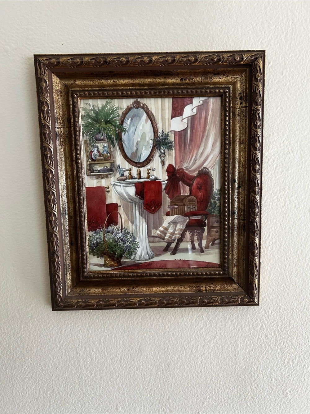 Vintage Kirkland Victorian Bathroom Vanity Framed Art Print Pedestal Signed
